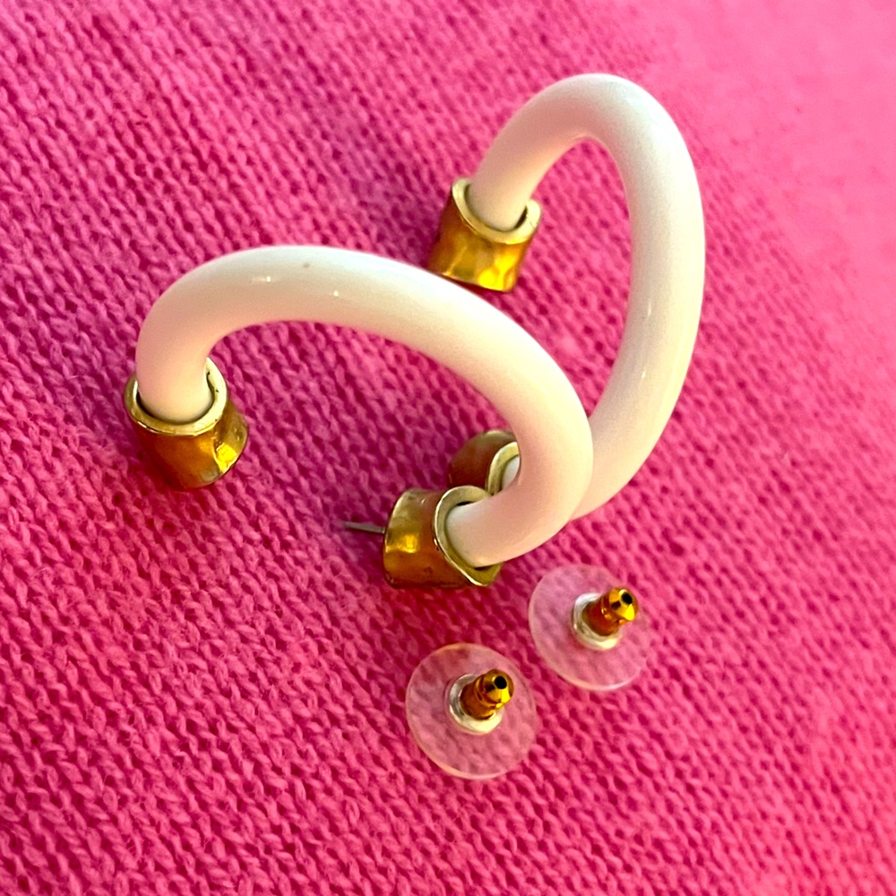 Vintage Gold and White Hoop Earrings - Picture 11 of 16